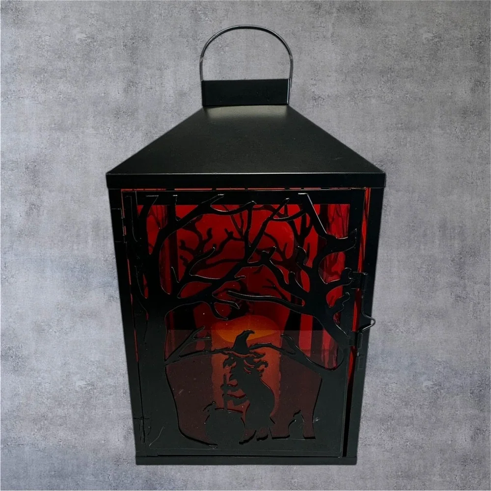 Illumination Halloween Witch Lantern LED Flameless Candle Black Red 13in Spooky